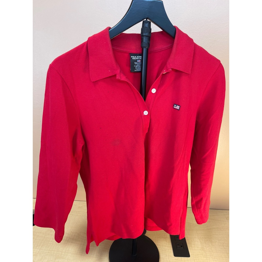 Polo Jeans Co Ralph Lauren Red Long Sleeve Polo Shirt XL American Flag Logo